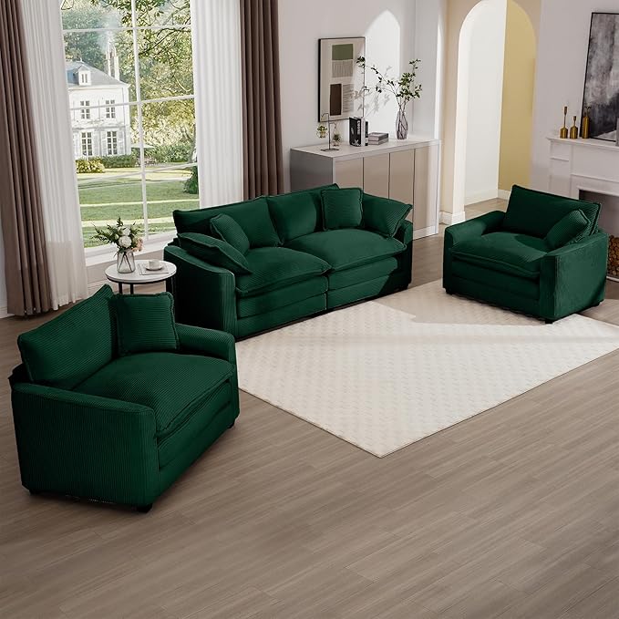 KEIKI 3-Piece Sofa Set with 1 Oversized Corduroy Loveseat Sofa & 2 Single Sofa, Upholstered 4-Seater Couch Set with 6 Pillow, High-Density Foam Cushions, Removable Armrests, for Living Room, Green