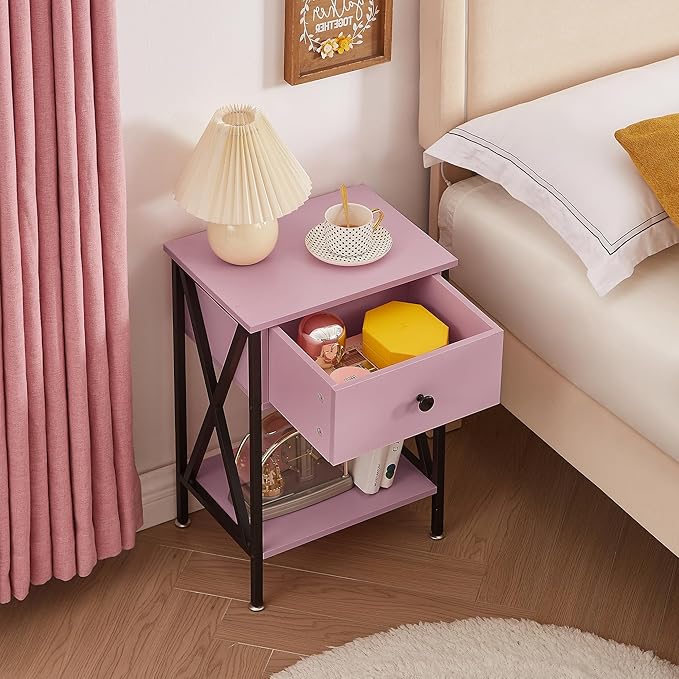 VECELO Nightstand,Modern Bedside End Table, Night Stand with Drawer and Storage Shelf for Living Room Bedroom, Industrial Metal Frame