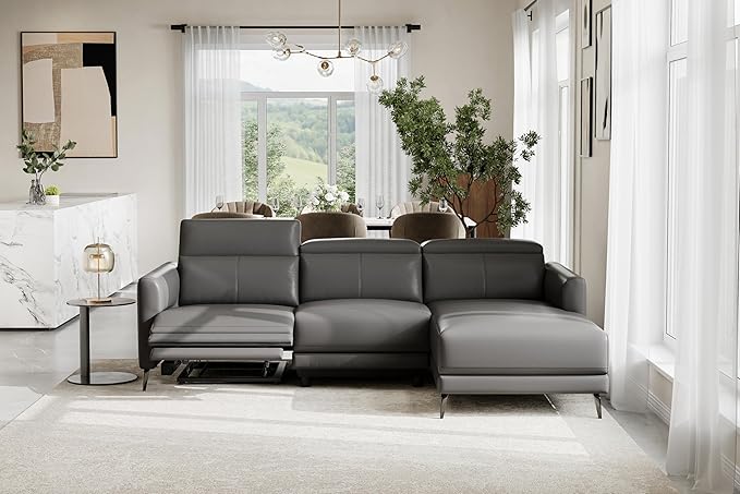 Valencia Andria 99.5" Leather Sectional Couch, Power Recliner with Right Chaise for Living Room - Cloudy Grey
