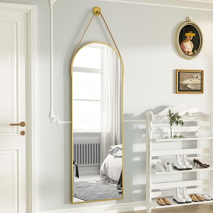 HARRITPURE 16"x48"Arched Mirror with Hanging Leather Strap Full Length Mirror Aluminum Frame Wall-Mounted Arch Hanging Mirrors for Bathroom Vanity Living Room Bedroom Entryway, Gold
