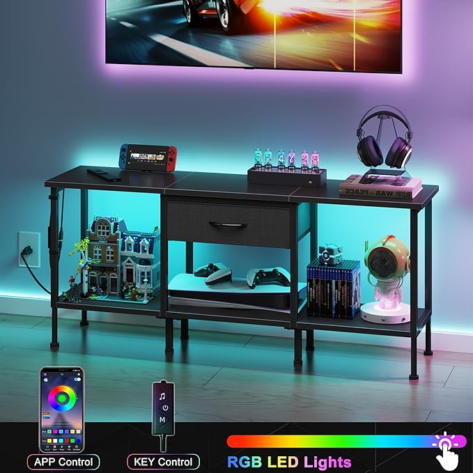 GYIIYUO LED TV Stand with Power Outlet and Fabric Drawer for 55 50 45 Inches TV - Entertainment Center and Industrial TV Console Table for Living Room, Bedroom- 47" Black