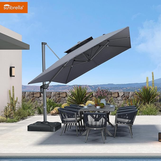 PURPLE LEAF Cantilever Umbrella with Base Included 10' X 13' Outdoor Patio Rectangular Umbrella with Double Top Large Heavy Duty 360° Rotation Offset for Deck Backyard Pool Cast Slate