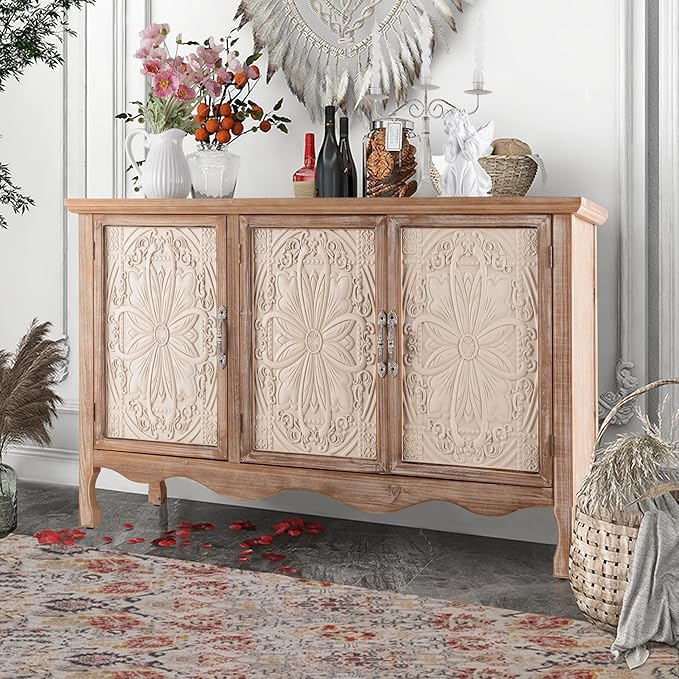 Accent Rustic Storage Cabinet With 3 Carved Doors, Vintage Sideboard Buffet With Shelves, Wood Entryway for Kitchen, Dining Room, Living Room, Bedroom, Natural