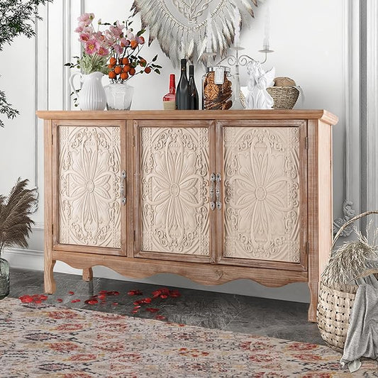 Accent Rustic Storage Cabinet With 3 Carved Doors, Vintage Sideboard Buffet With Shelves, Wood Entryway for Kitchen, Dining Room, Living Room, Bedroom, Natural