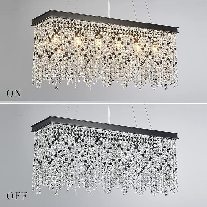 Q&S Black Modern Crystal Chandelier,L30 6-Light Luxury Rectangle Chandelier Light Fixtures for Dining Room Kitchen Island Bar UL Listed