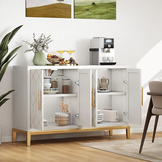 47.8" Accent Storage Cabinet with 4 Doors, Modern Sideboard Buffet Cabinet with Gold Lines, Wood Decorative Credenza with Storage for Living Room, Kitchen, Dining Room, Entryway, White