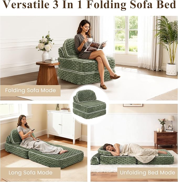 COLAMY Folding Sofa Bed, 3-in-1 Convertible Sleeper Chairs with Pillow,Back Support, Fuzzy Fabric Floor Couch Bed for Adults, Boneless Couches Living Room, Bedroom, Apartment, Green