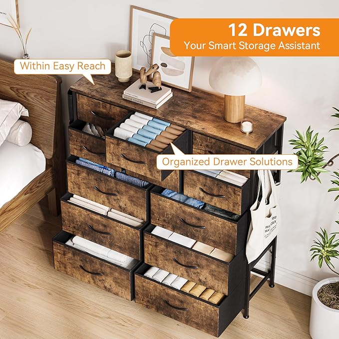 GarveeHome 12 Drawer Dresser for Bedroom, Fabric Dressers & Chests of Drawers with Side Pockets, Chest of Drawers for Closet, Living Room, Closet, Hallway