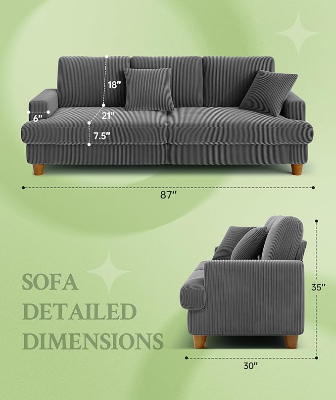Welzona 87.2" Couches for Living Room, Comfy Grey Couch 7.5" Extra Thick Cushion, Sofas for Living Room Tool-Free Setup, Loveseat Sofa 848lbs Support, Corduroy Couch for Bedroom, Apartment, Office