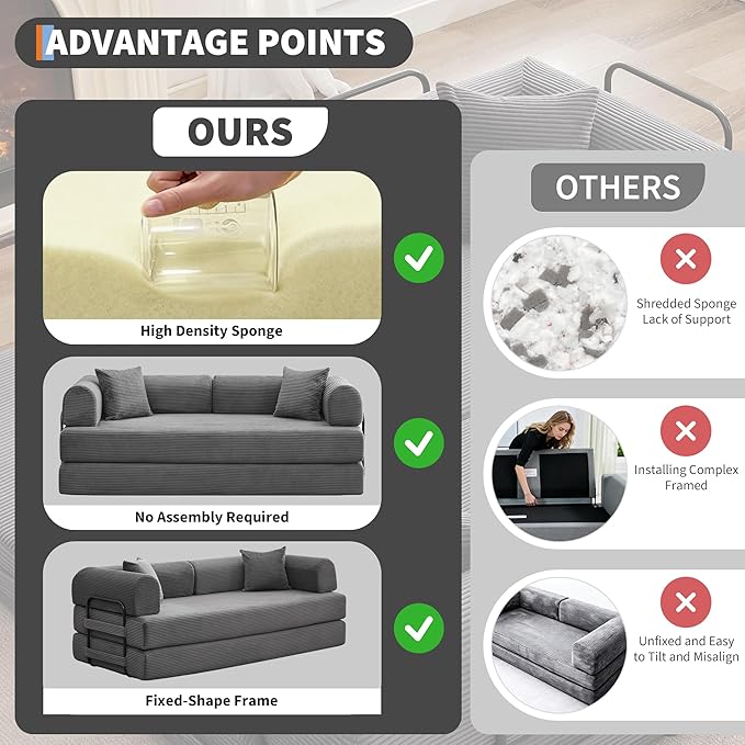 GarveeHome 79" Convertible Sleeper Sofa Bed Couch, 4-in-1 Boneless Corduroy Folding Sofa Bed with Pillow & Fixed-Shape, Floor Mattress Couch Loveseat for Living Room Apartments - No Assembly, Gray