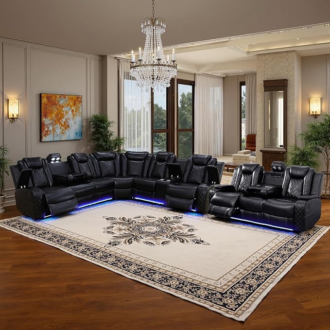 Power Leather Recliner Sectional Sofa with LED Light,L Shaped Reclining Couch with USB Charger/Cup Holder/Storage,Leather Sofa for Living Room/Home Theater(Black,Sectional+3 Seats)