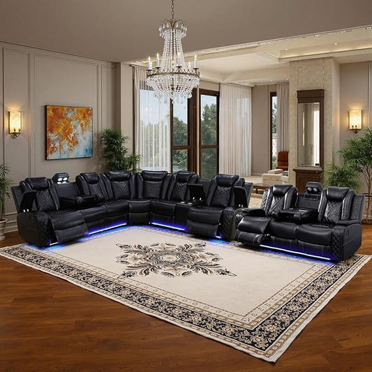 Power Leather Recliner Sectional Sofa with LED Light,L Shaped Reclining Couch with USB Charger/Cup Holder/Storage,Leather Sofa for Living Room/Home Theater(Black,Sectional+3 Seats)