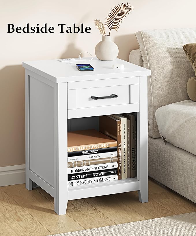 Farmhouse Nightstand with Charging Station & Large Storage, Set of 2 Modern End Tables with Outlets, USB Ports and Type-C Ports, Easy Assembly for Bedroom (Pure White)