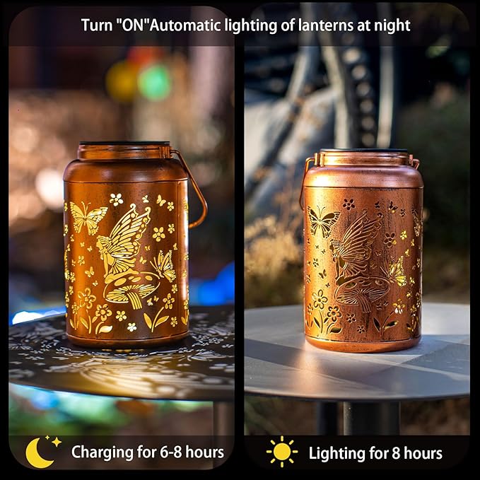 Fairy Solar Lanterns Outdoor Waterproof Hanging Butterfly Lights Birthday Gifts for Women Mom Grandma Hollow Out Metal Lantern Decorative Garden Decor for Patio,Deck,Balcony