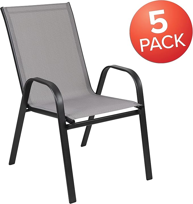 Flash Furniture 5 Pack Brazos Series Gray Outdoor Stack Chair with Flex Comfort Material and Metal Frame