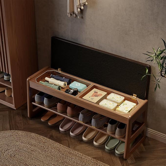 AQIMUELE Shoe Rack Bench,2 Tiers Shoe Bench with Storage with Flip-Top,Wood Shoe Rack for Entryway,Hallway（Dark Walnut Upholstered Seat）