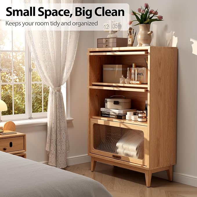 AQIMUELE Solid Wood Bookcase with Glass Doors, 3 Shelf Bookshelves and Bookcases, Mid Century Modern Bookshelf with Glass Doors, Kitchen Pantry Cabinet (Natural, 31.5" W)