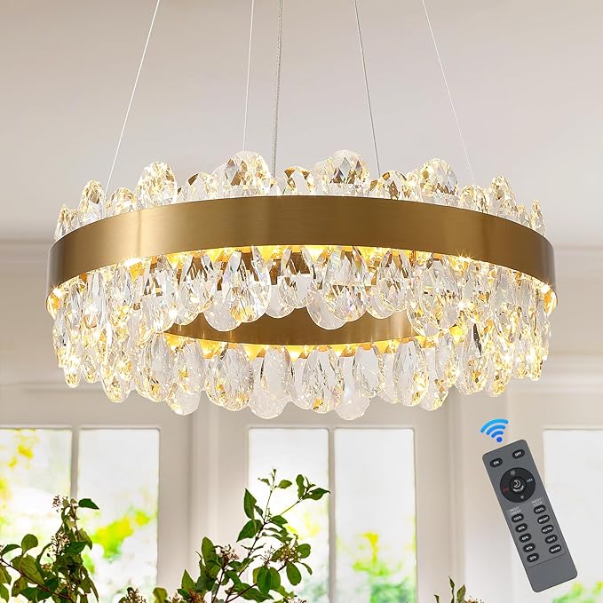 Gold Crystal Chandelier Modern LED Chandeliers 19’’ Round LED Pendant Light Fixture Dimmable Flush Mount Chandelier for Dining Room Foyer Living Room, UL Listed