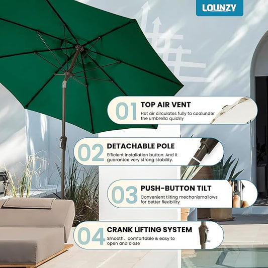 LOUNZY 9FT Large Outdoor Patio Umbrella Table Umbrella-UV Resistant,Easy Push Button Tilt and Crank,8 Sturdy Fiberglass Ribs Pool Umbrella for Patio,Backyard,Deck,Yard,Market