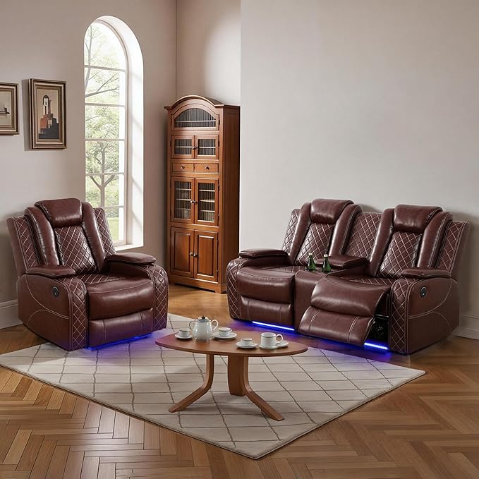 Power Recliner Sofa Sets for Living Room, Leather Recliner Sofa Set with LED Light, Console Storage, Cup Holder for Home Theater Seating(Loveseat and Chair,Red)