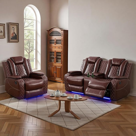 Power Recliner Sofa Sets for Living Room, Leather Recliner Sofa Set with LED Light, Console Storage, Cup Holder for Home Theater Seating(Loveseat and Chair,Red)