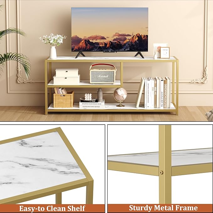 Function Home TV Stand for TVs up to 55 Inch, 3 Tier Entertainment Center, Media Console with Open Storage Shelves for Living Room Bedroom, 47” Modern TV Table with Faux Marble Top Gold Metal Leg
