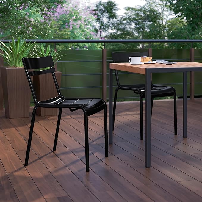 Flash Furniture Nash Commercial Grade Steel Stack Chair, Indoor-Outdoor Armless Chair with 2 Slat Back, Set of 2, Black