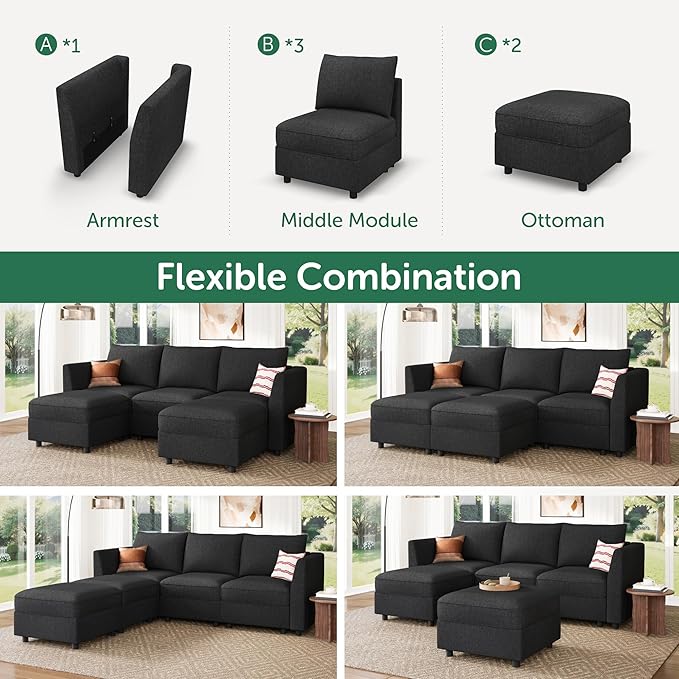 HONBAY Modular Sectional Sofa with Storage U Shaped Sectional Sofa, Convertible Couches for Living Room - Linen Grey