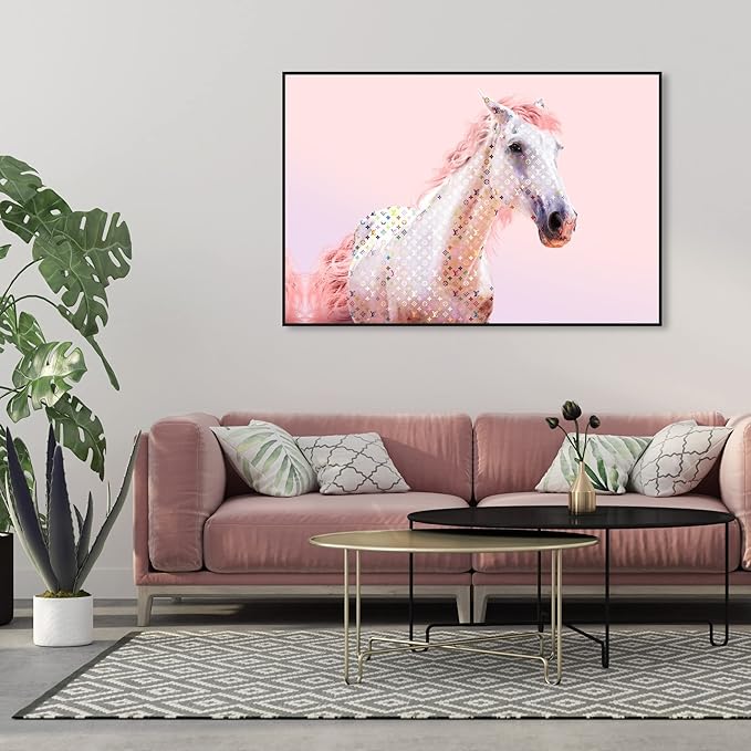 Country Farmhouse Canvas Print Painting Animal Wall Art 'Pink Glam Horse' Black Framed Canvas Rustic Home Décor 54x36 in Pink, White by Oliver Gal