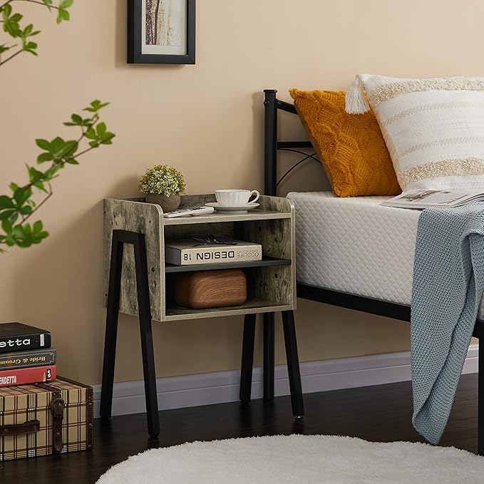 VECELO Night Stand Set of 2,Industrial Side End Table/Stackable Accent Furniture with 2-Tier Open Storage Compartments for Bedroom, Living Room and Small Spaces