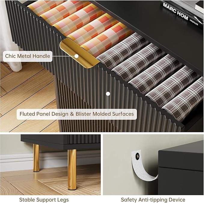 IDEALHOUSE Black Dresser, Modern 3 Drawer Dresser for Bedroom with Gold Handle and Large Drawer, Wood Double Chest of Drawers and Storage Organizer for Living Room, Hallway, Entryway