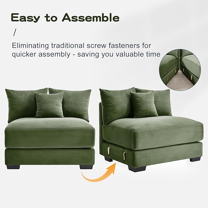 KEIKI 79" L-Shaped Oversized Corduroy Modular Cloud Sectional Sofa with High-Density Foam Cushion, Extra-Thick Armrest, Convertible 3-Seater Fluffy Corner Couch with 10 Pillow, for Living Room, Green