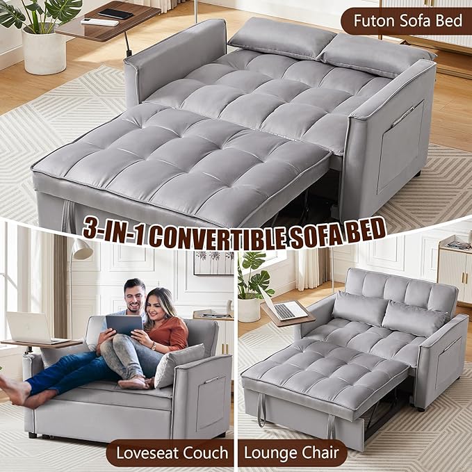 Yafylly 3 in 1 Sleeper Sofa Couch Bed, Pull Out Loveseat with Storage, Full Size Velvet Convertible Chair with 2 Pockets & 2 Pillows for Living Room, Grey