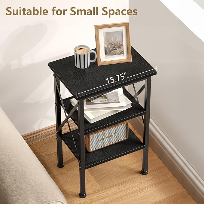 VECELO End Table, Nightstand, 24" Tall Living Room Side Tables, X-Design Reinforced Bedside Table, Nightstands with 3-Tier Storage Shelves for Small Spaces, Office, Bathroom, Bedroom, Antique Black