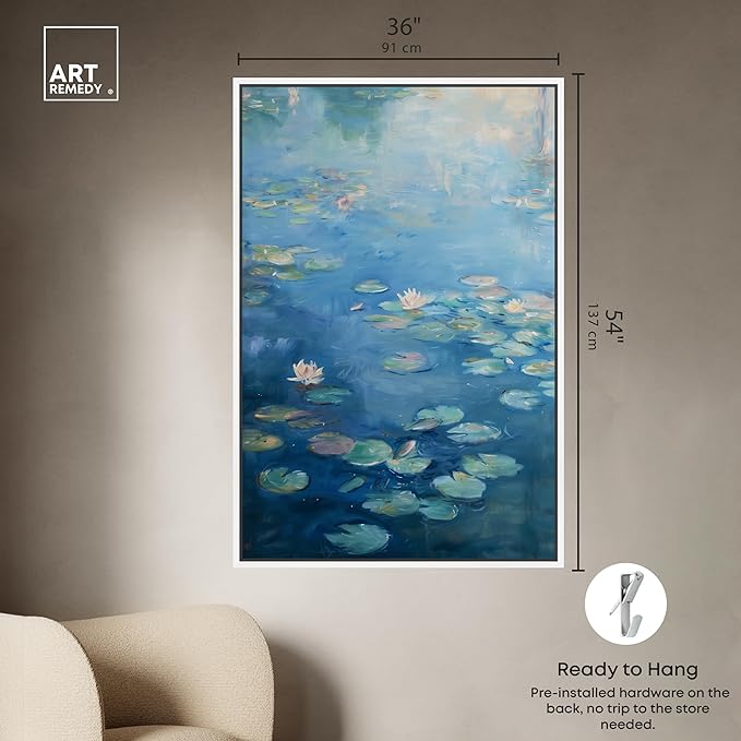 Art Remedy Lilypads In Blues Framed Impressionism 1 Piece Canvas Wall Art/Monet And Van Gogh Inspired Art, 37" x 55", White Frame
