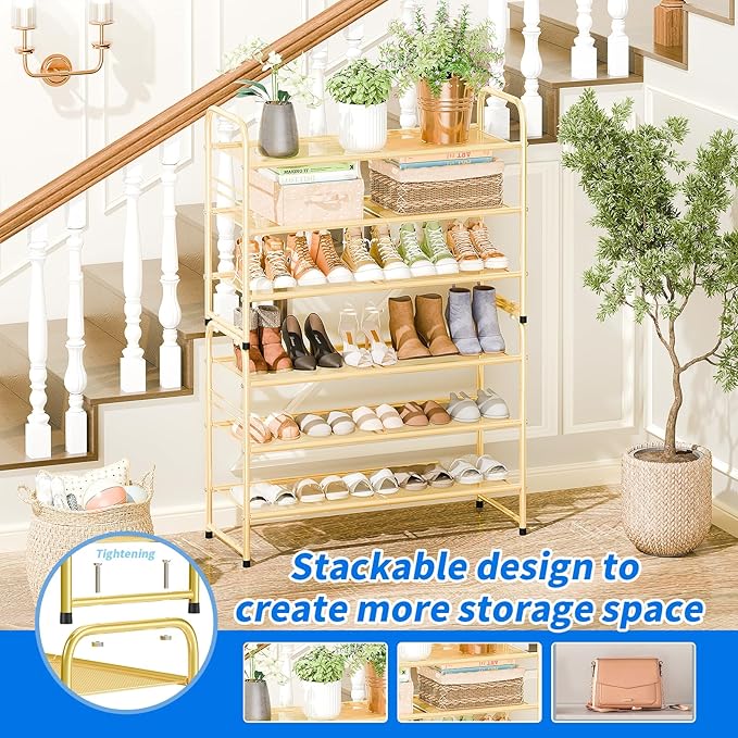 SUFAUY Shoe Rack for Closet, 33 inch Metal Shoe Shelf Heavy Duty, 3 Tier Mesh for Shoes, Gold