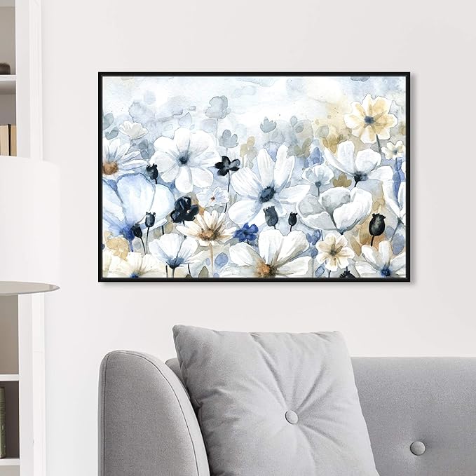 The Oliver Gal Artist Co. Floral and Botanical Wall Art Framed Canvas Prints 'Fields Flowers Home Décor, 30" x 20", Blue, White