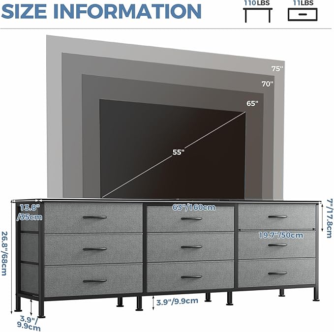 DUMOS TV Stands for Living Room Furniture with 9 Fabric Drawers, Long Entertainment Center Up to 75 Inch TV, Media Console Table with Storage for Bedroom, Adjustable Feet, Grey.