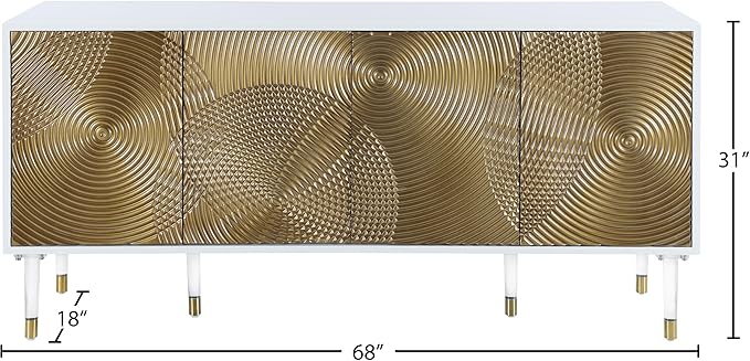 Meridian Furniture Bellissimo Collection Modern | Contemporary Lacquer Sideboard/Buffet Tipped Acrylic Legs Wood Design, 64" W x 18" D x 31" H, White/Gold