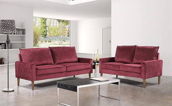 Container Furniture Direct Petit Mid Century Modern Velvet Loveseat for Small Spaces, Upholstered 2 Seater Couch for Living Room and Bedroom, Easy Assembly, Burgundy