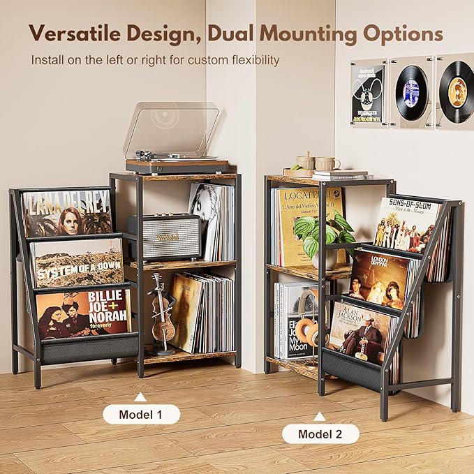 Bikoney Record Player Stand, Turntable Stand with 3-Tier Vinyl Record Storage, Record Player Table 200 Albums, End Table with Vinyl Display Holder Shelf, Record Player Cabinet Media Console for Stereo