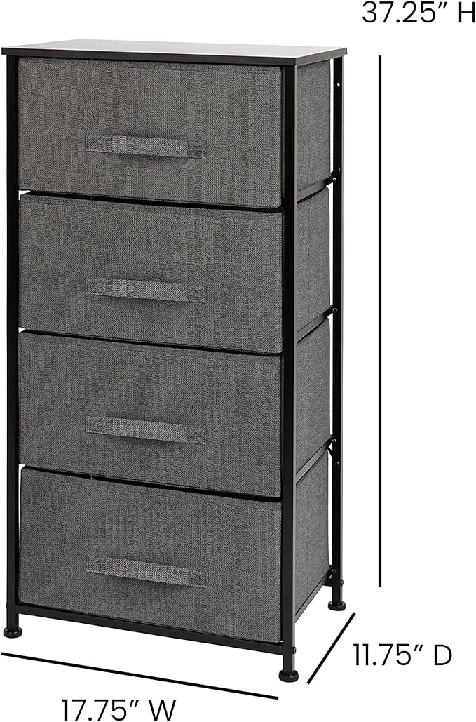 Flash Furniture Harris 4 Drawer Storage Dresser - Black Cast Iron Frame and Wood Top - 4 Easy Pull Dark Gray Fabric Drawers