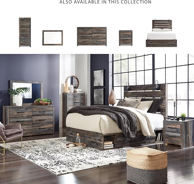 Signature Design by Ashley Drystan Rustic Queen Panel Platform Bed with 4 Storage Drawers, Open Cubbies, Sconce LED Lights and USB Ports, Foundation or Box Spring Not Needed, Dark Brown & Gray