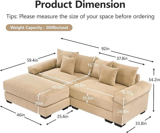KEIKI 83" L-Shaped Oversized Corduroy Modular Sectional Loveseat Sofa with 1 Ottoman, High-Density Foam Cushion, Extra-Thick Armrest, 2-Seater Fluffy Corner Couch with 6 Pillow, for Living Room, Camel