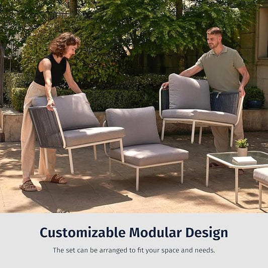 East Oak 5-Piece Outdoor Sectional Sofa, Modular Outdoor Furniture with Waterproof Thick Cushions, Modern Patio Sofa Deep Seating for Outdoor Garden Porch Blackyard, Misty Grey