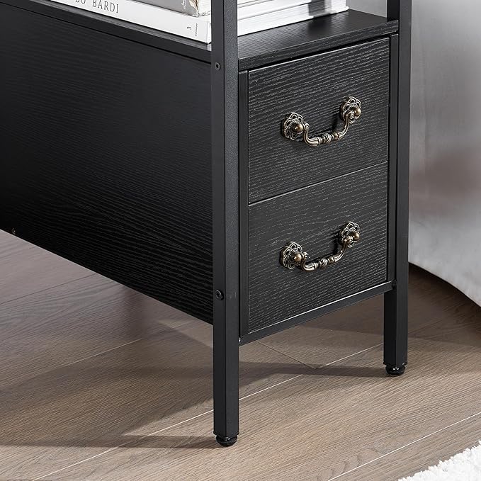 VECELO Narrow Side Table Set of 2, Night Stand Sofa Table with Glass Top,Bedside End Tables with Storage Drawers,Wood Nightstand for Small Spaces Living Room Bedroom,Black