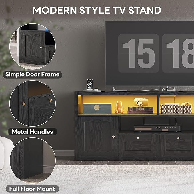 LIKIMIO Premium Black TV Stand with 1" Thick Top for 65" TV, Modern TV Console with LED Lights, Charging Station & Storage, High-End Entertainment Center for Living Room and Bedroom