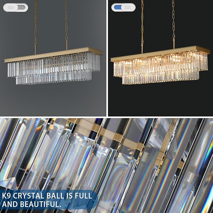 Crystal Chandeliers for Dining Room Light Fixtures Over Table，15-Lights Gold Modern Rectangle Chandeliers for Kitchen Island Bar