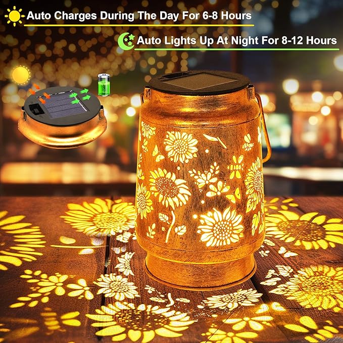Sunflower Solar Lanterns Outdoor Waterproof, Gifts for Women Mom Grandma Birthday, Metal Hanging Lantern Solar Lights LED Decoration with Shepherd Hook Outside for Yard, Patio, Porch, Garden Decor