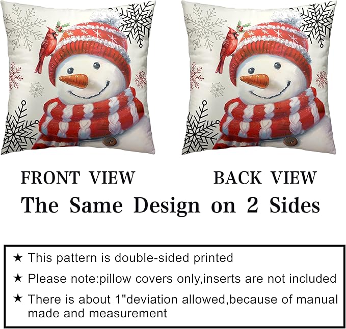 Christmas Snowman Pillow Covers 16x16 Set of 2 Lovely Red Snowman with Cardinal Bird Snowflake Cushion Case Winter Holiday Throw Pillow Covers for Living Room Bedroom Sofa